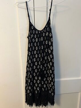Xhilaration Black Mini Dress with White Print & Fringe Hem